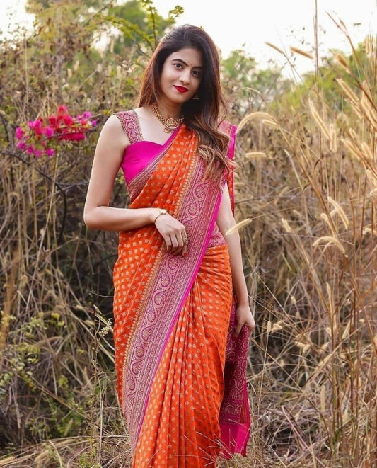 Luxuriant Jaquard Orange Color Silk Saree