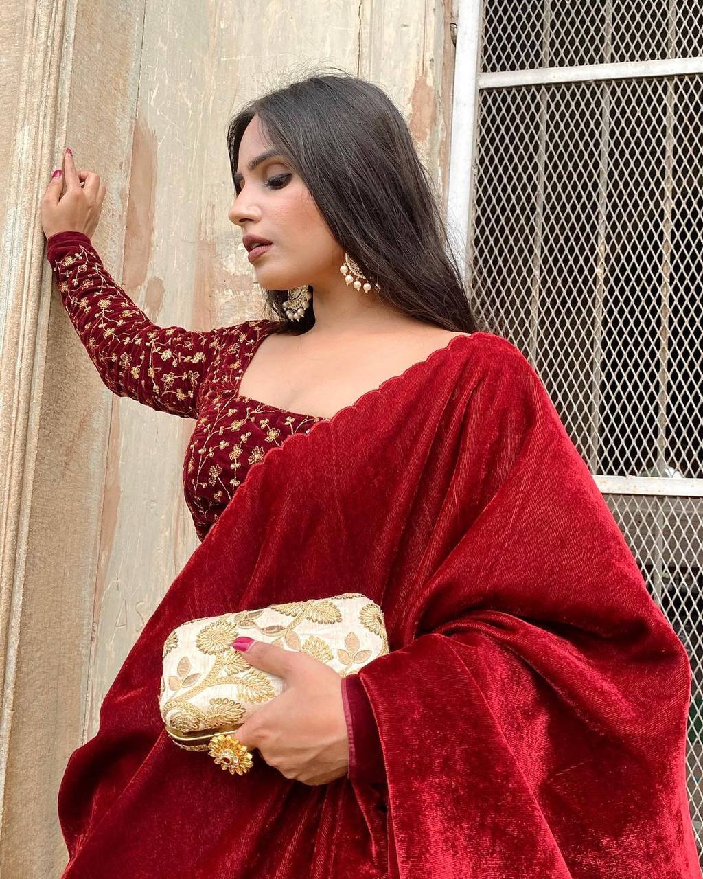 Glorious Velvet Red Color Saree