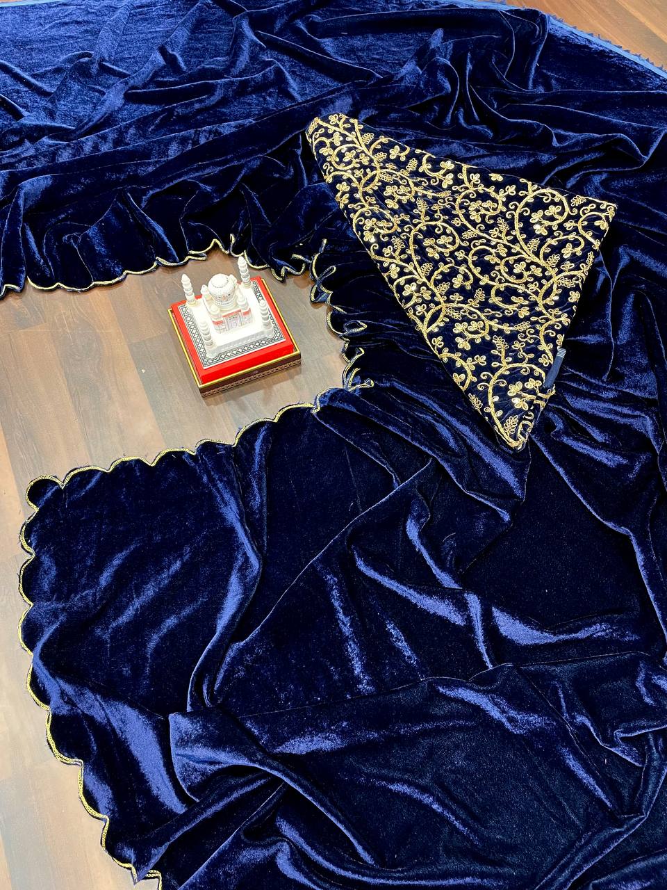 Glorious Pure Velvet Blue Color Saree