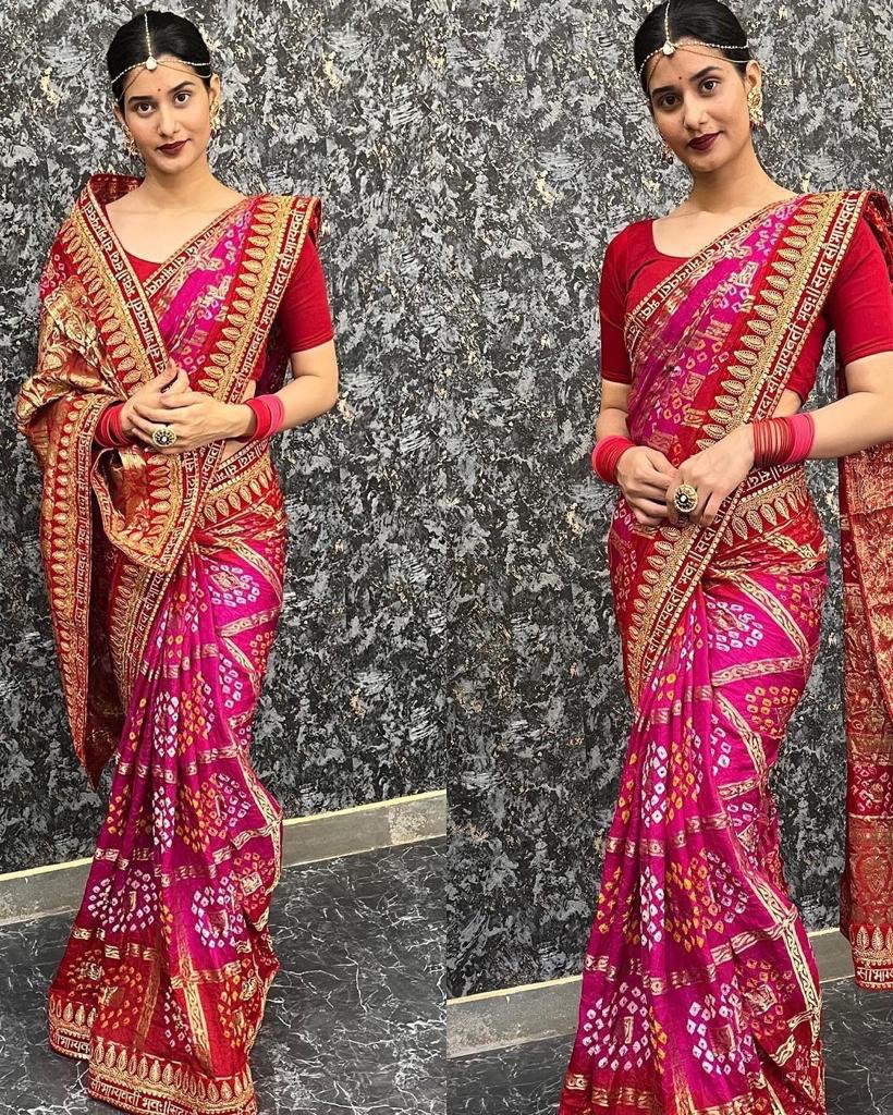 Admiring Bandhani Silk Pink Color Saree