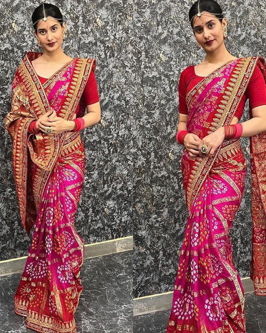 Admiring Bandhani Silk Pink Color Saree