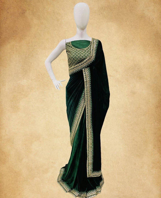 Fancy Pure Velvet Green Color Saree