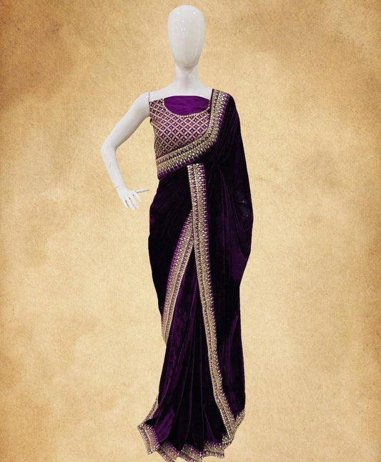 Fancy Pure Velvet Wine Color Saree