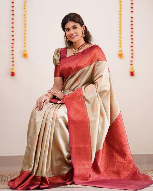 Glorious Jaquard Beige Color Silk Saree