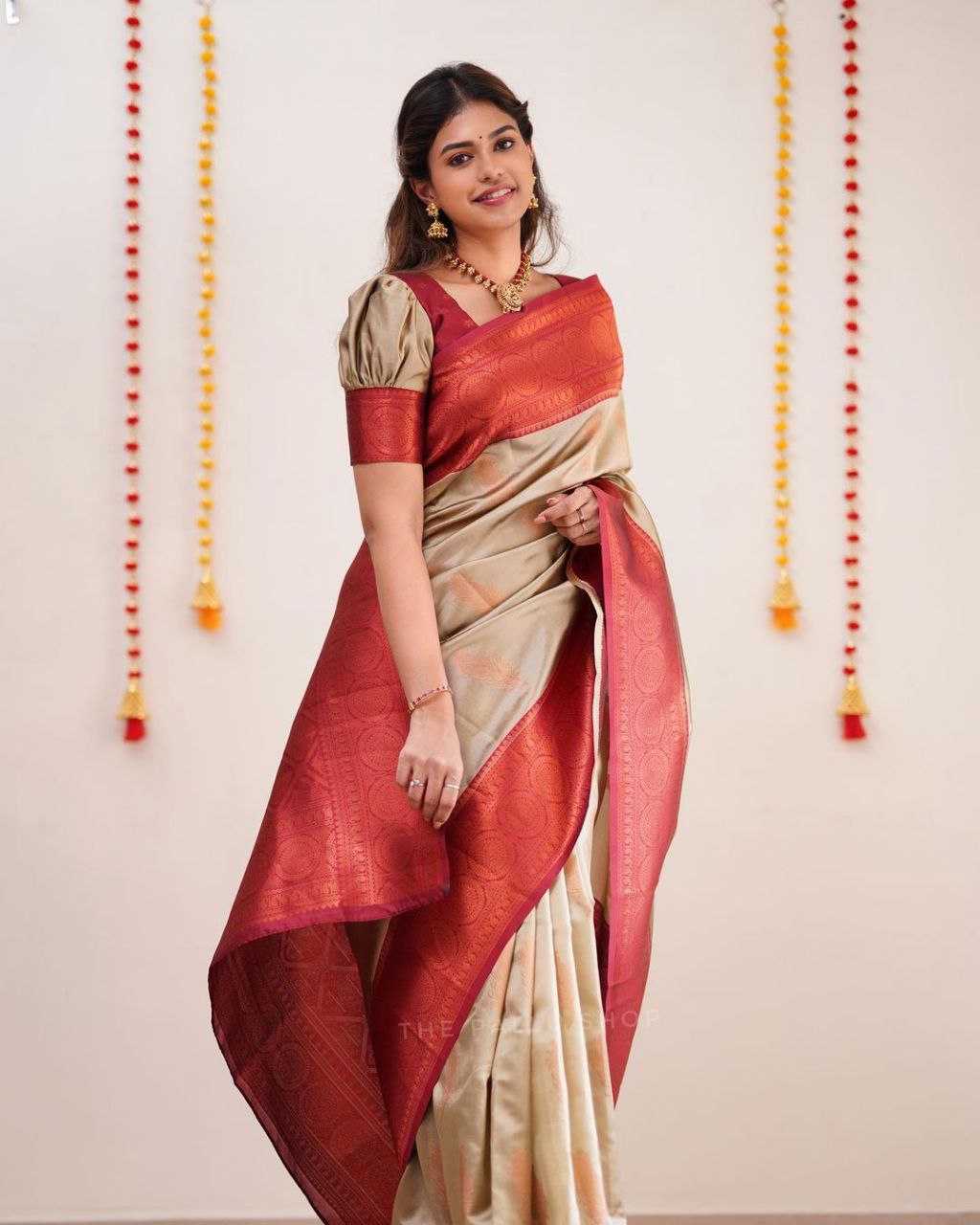 Glorious Jaquard Beige Color Silk Saree