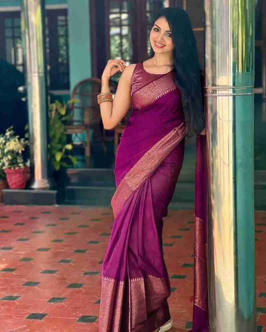 Glorious Jaquard Wine Color Silk Saree