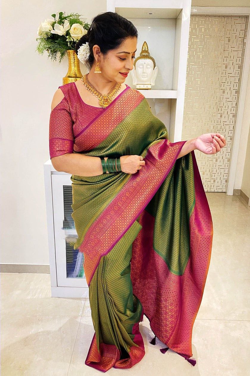 Outstanding Jaquard Dark Green Color Silk Saree