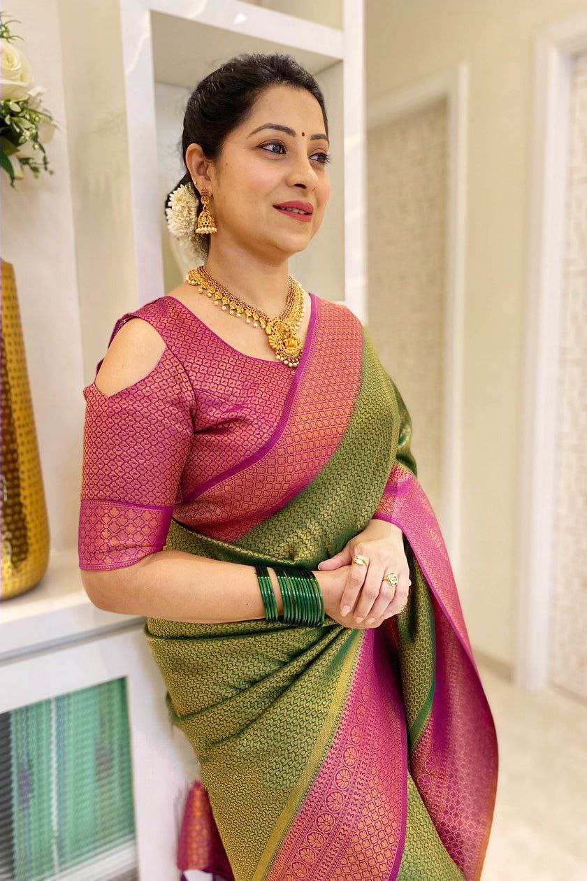 Outstanding Jaquard Dark Green Color Silk Saree