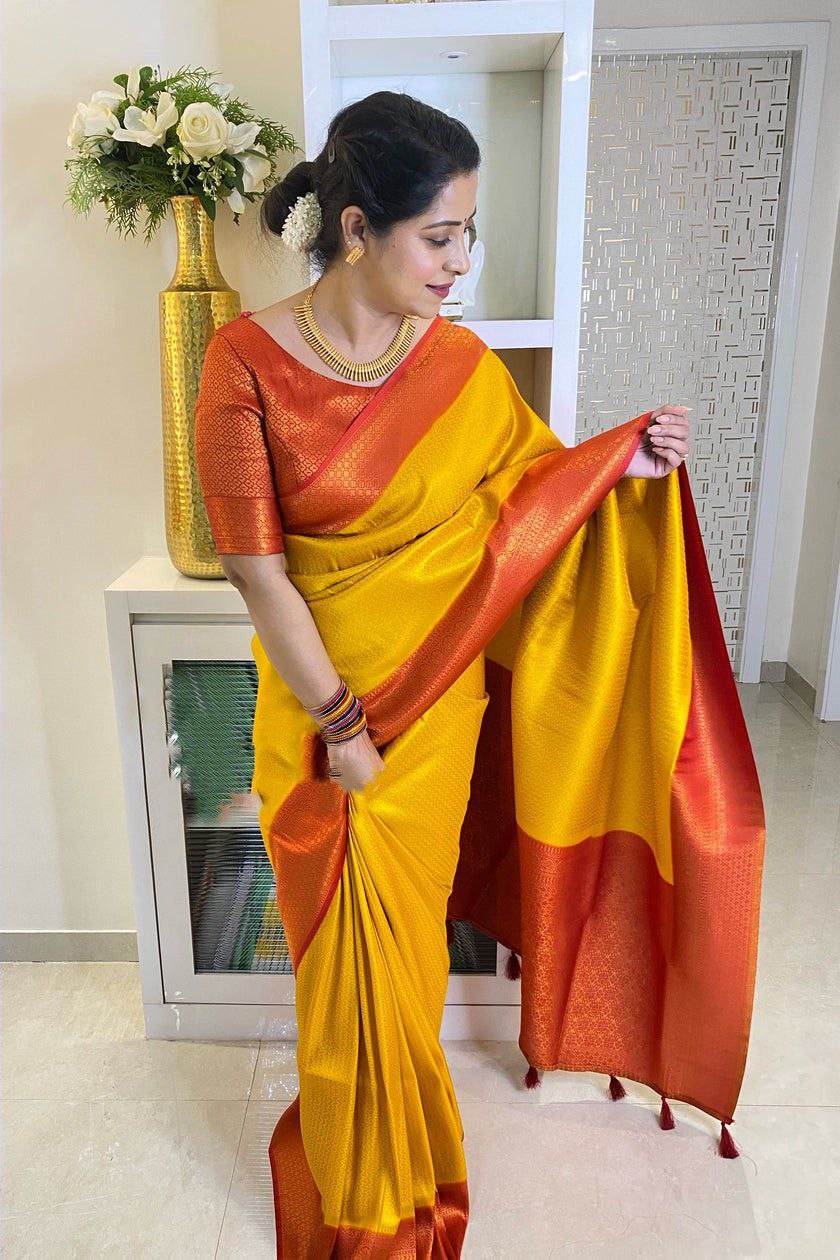 Outstanding Jaquard Yellow Color Silk Saree