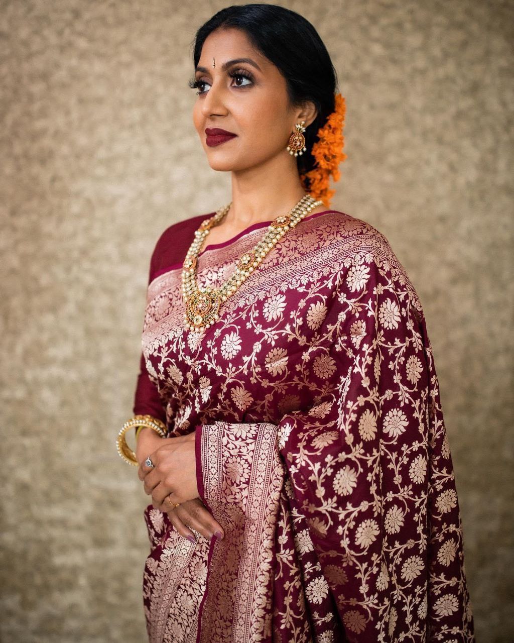 Blissful Maroon Color Banarasi Soft Silk Saree