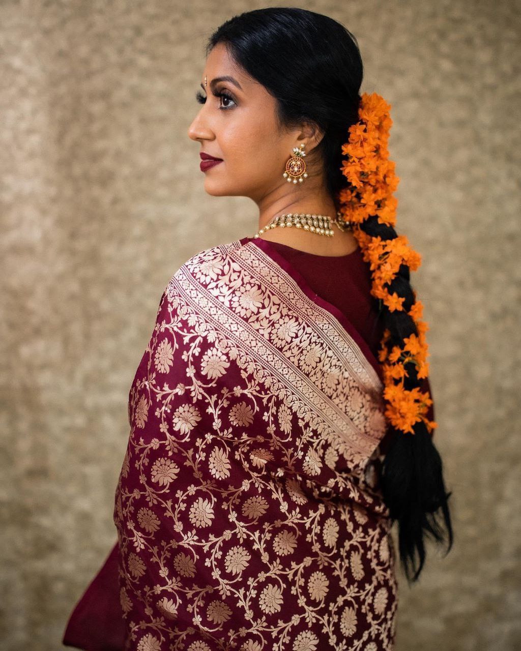 Blissful Maroon Color Banarasi Soft Silk Saree