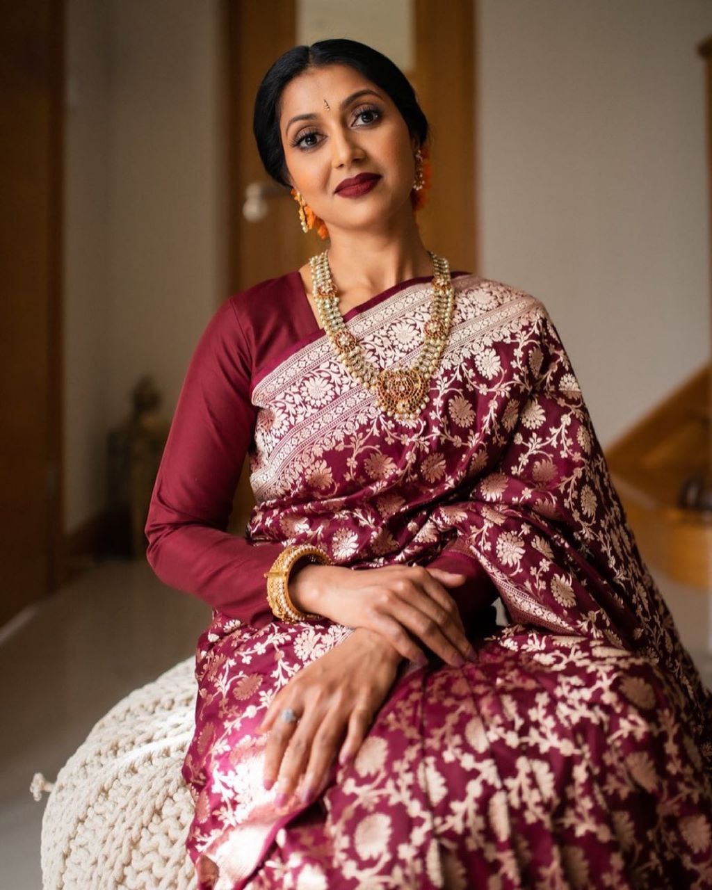 Blissful Maroon Color Banarasi Soft Silk Saree