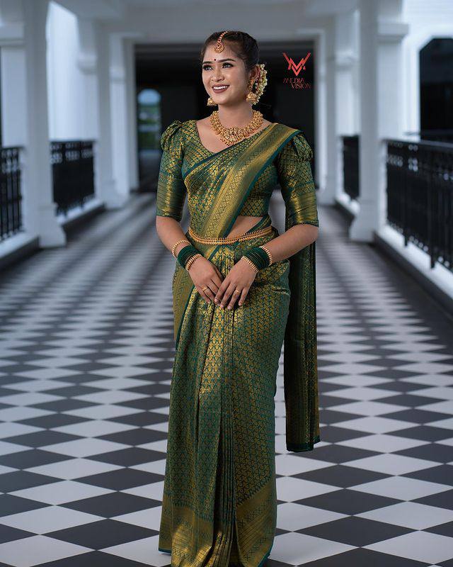 Precious Jacquard Mehndi Wear Green Color Silk Saree