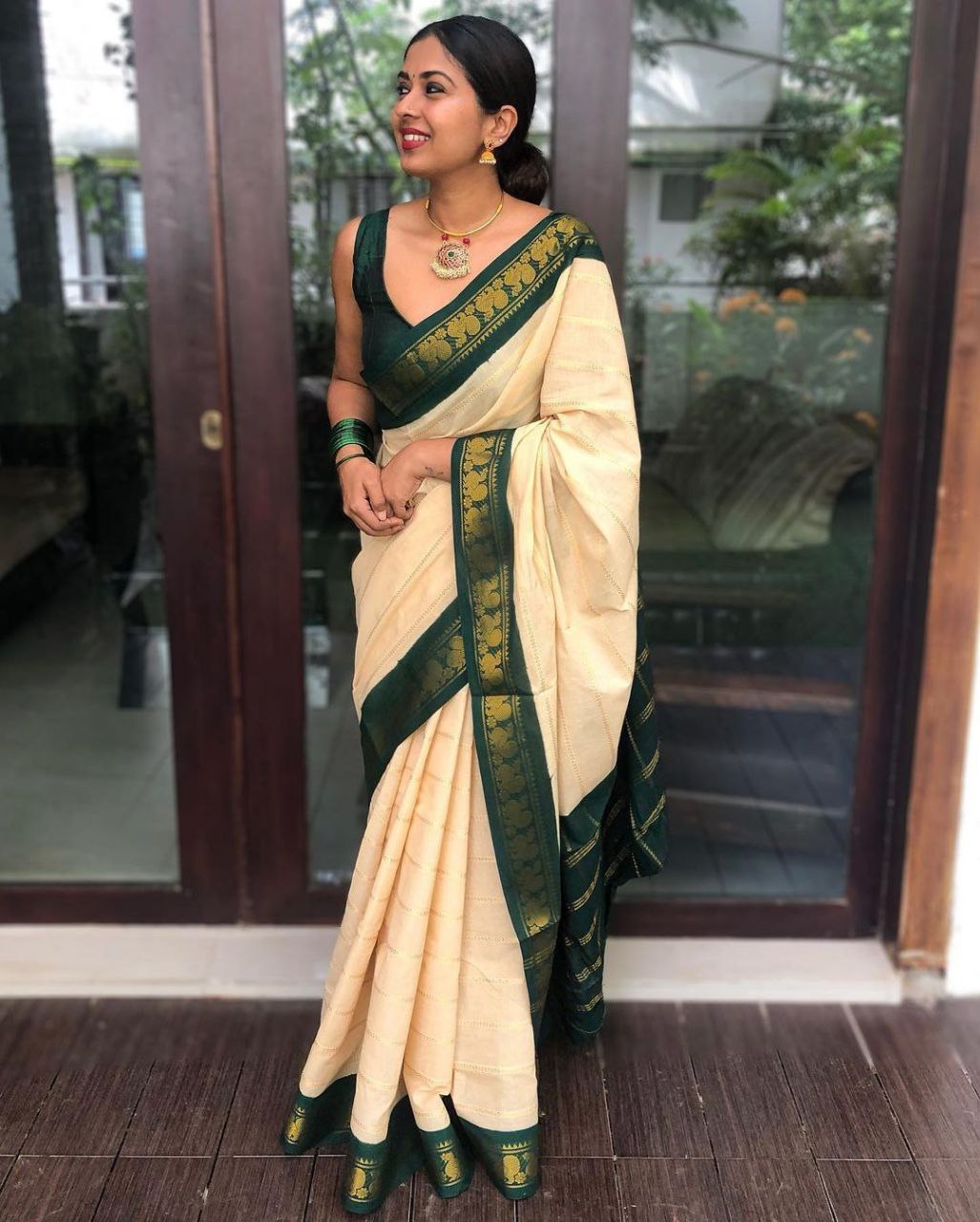 Imposing Jaquard Cream Color Silk Saree