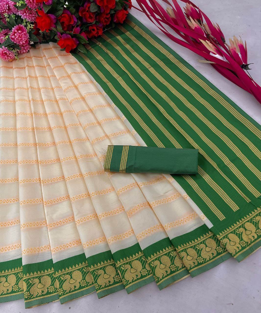 Imposing Jaquard Cream Color Silk Saree