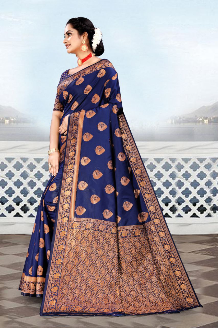 Imposing Jaquard Royal Blue Color Silk Saree