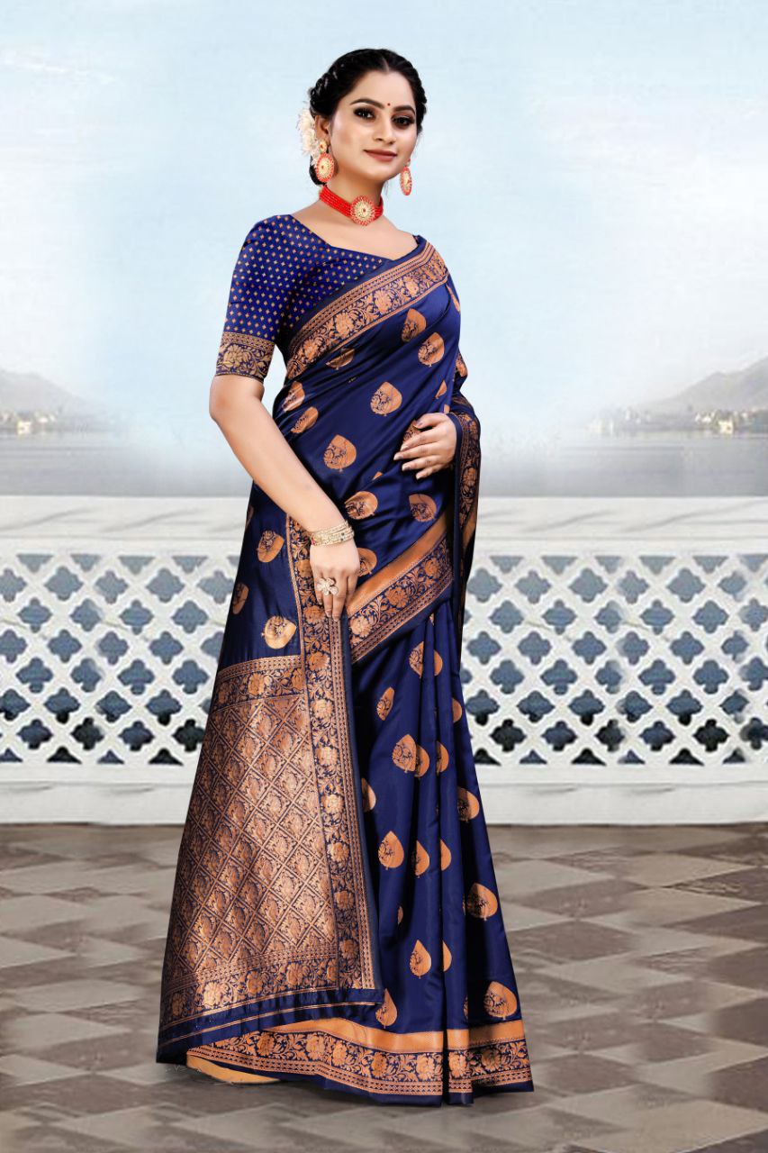 Imposing Jaquard Royal Blue Color Silk Saree