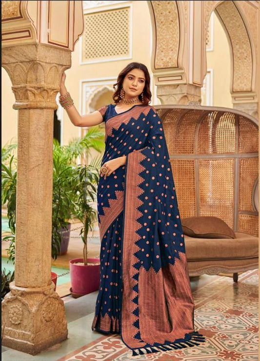 Stunning Jaquard Navy Blue Color Silk Saree