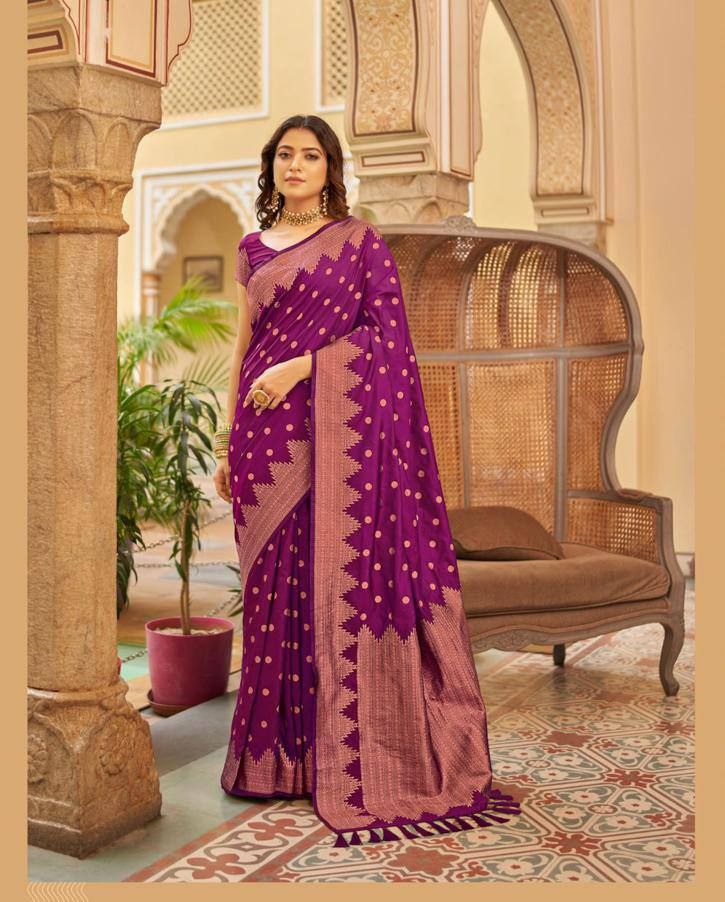 Stunning Jaquard Wine Color Silk Saree