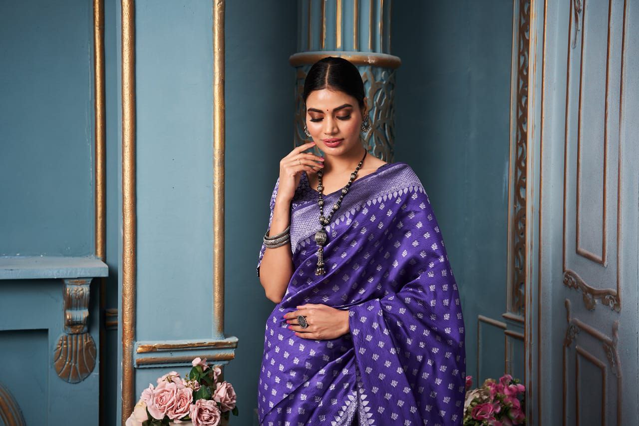 Stunning Jaquard Royal Blue Color Silk Saree