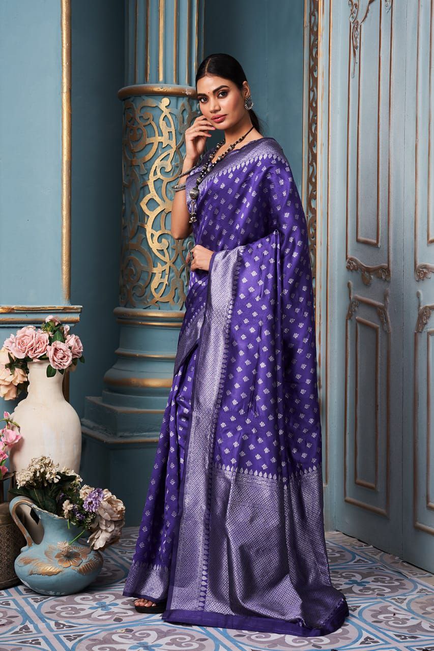 Stunning Jaquard Royal Blue Color Silk Saree