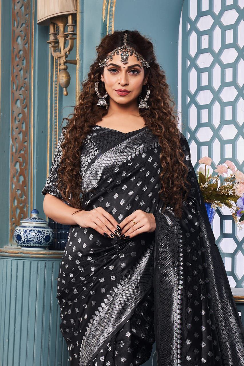 Stunning Jaquard Black Color Silk Saree