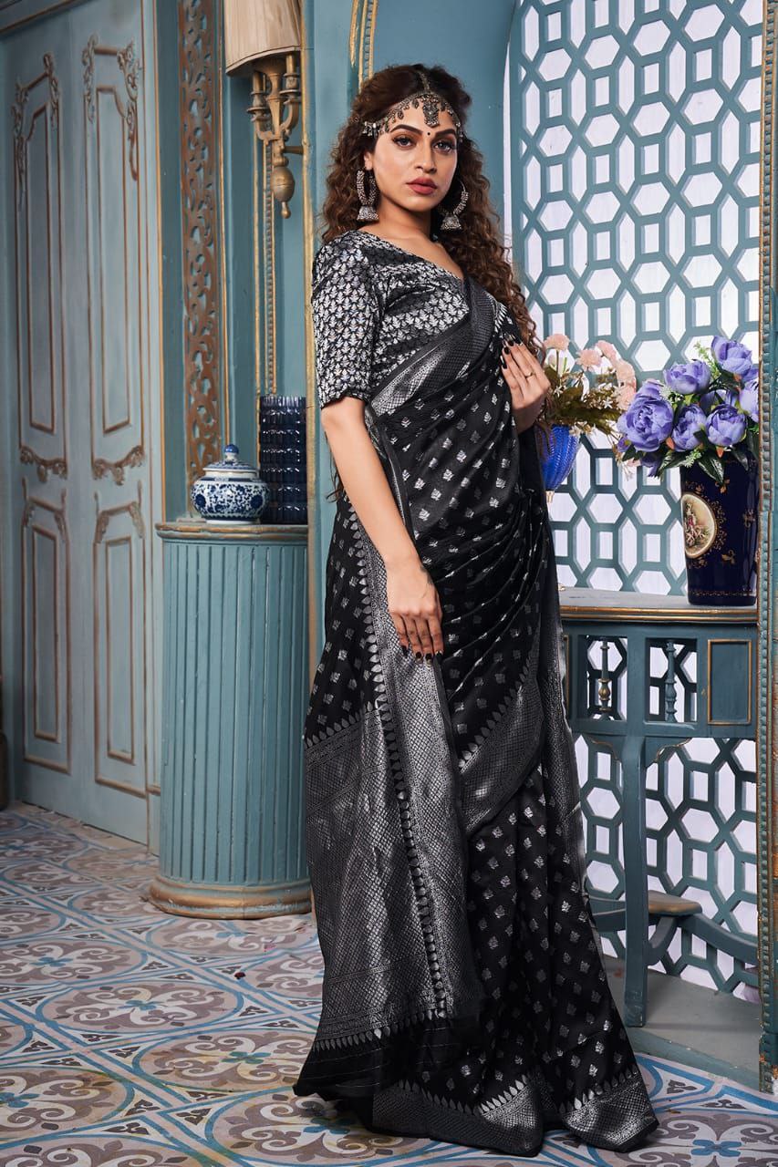 Stunning Jaquard Black Color Silk Saree