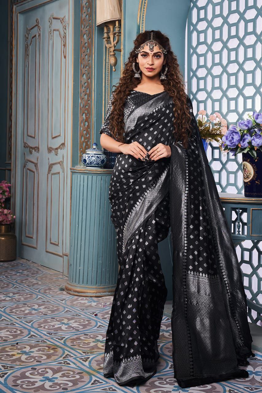 Stunning Jaquard Black Color Silk Saree