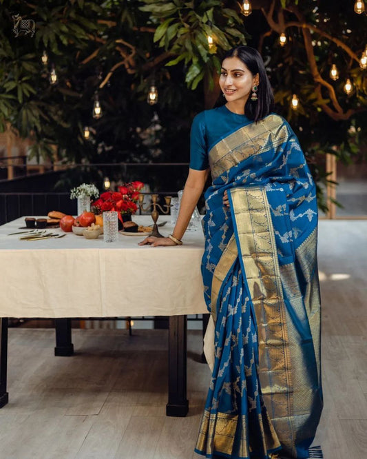 Shining Banarasi Teal Color Silk Saree