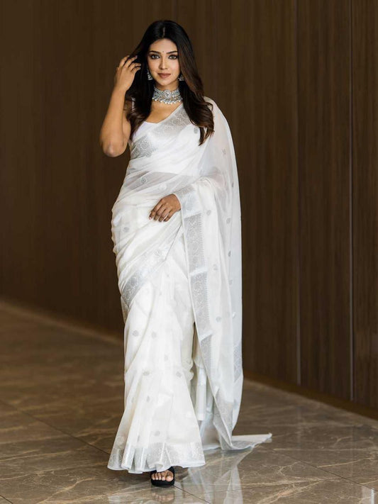 Trendy Jaquard White Color Silk Saree