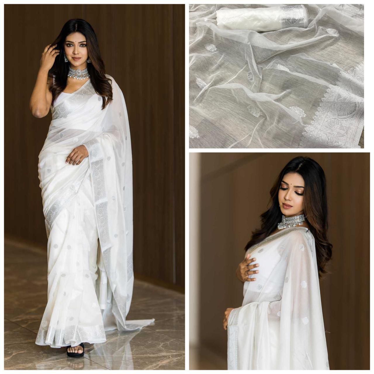 Trendy Jaquard White Color Silk Saree