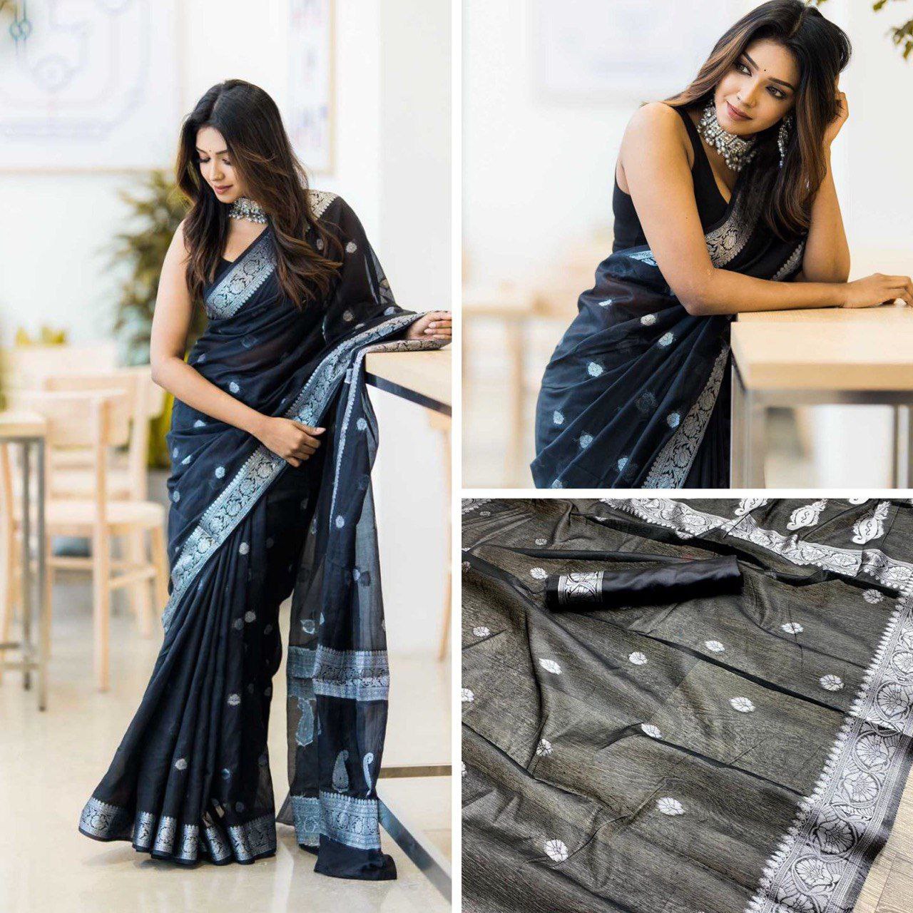 Trendy Jaquard Black Color Silk Saree