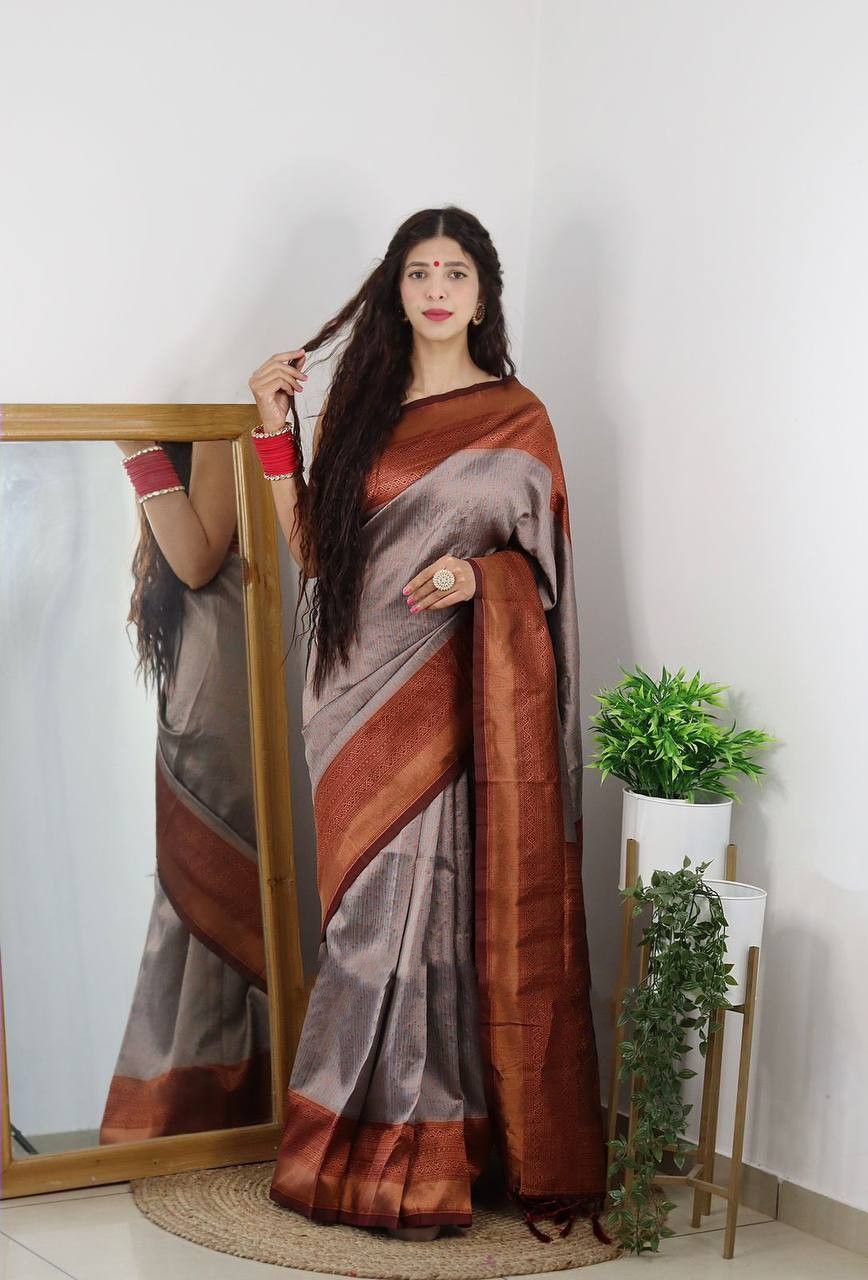 Exotic Jaquard Grey Color Silk Saree