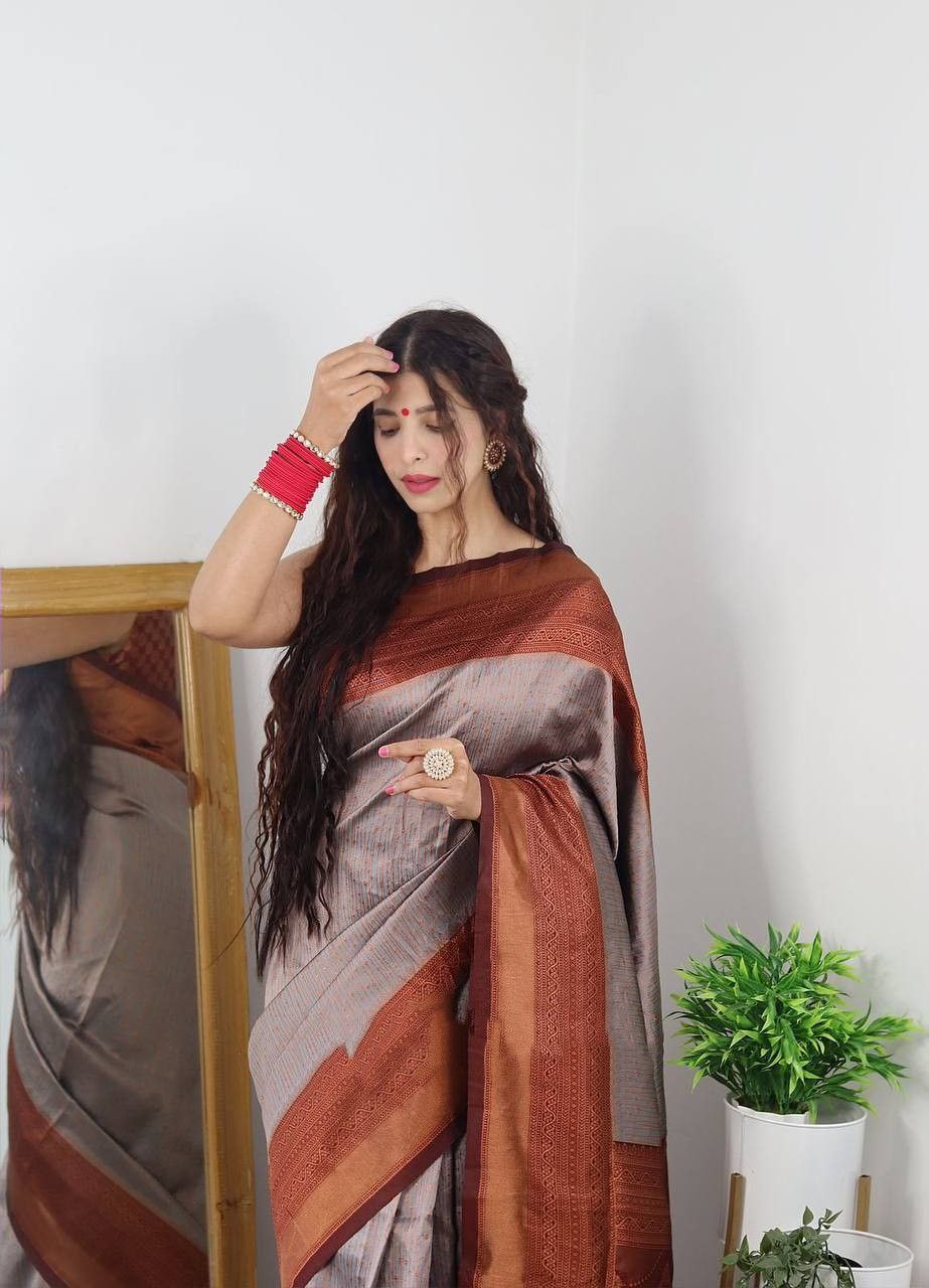 Exotic Jaquard Grey Color Silk Saree