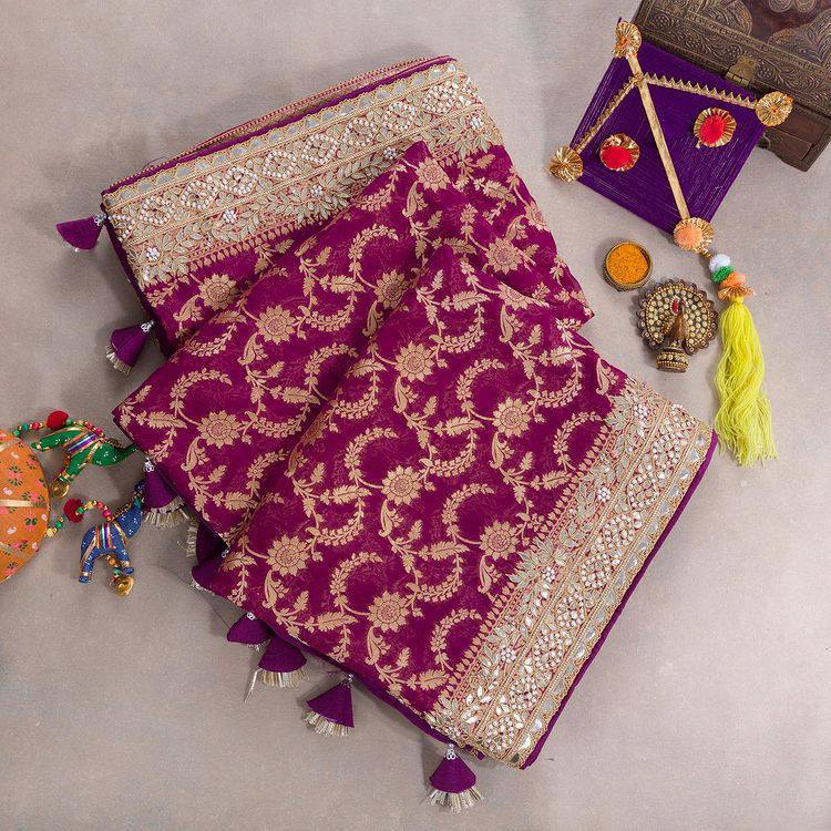 Fabulous Vichitra Silk Wine Color Saree