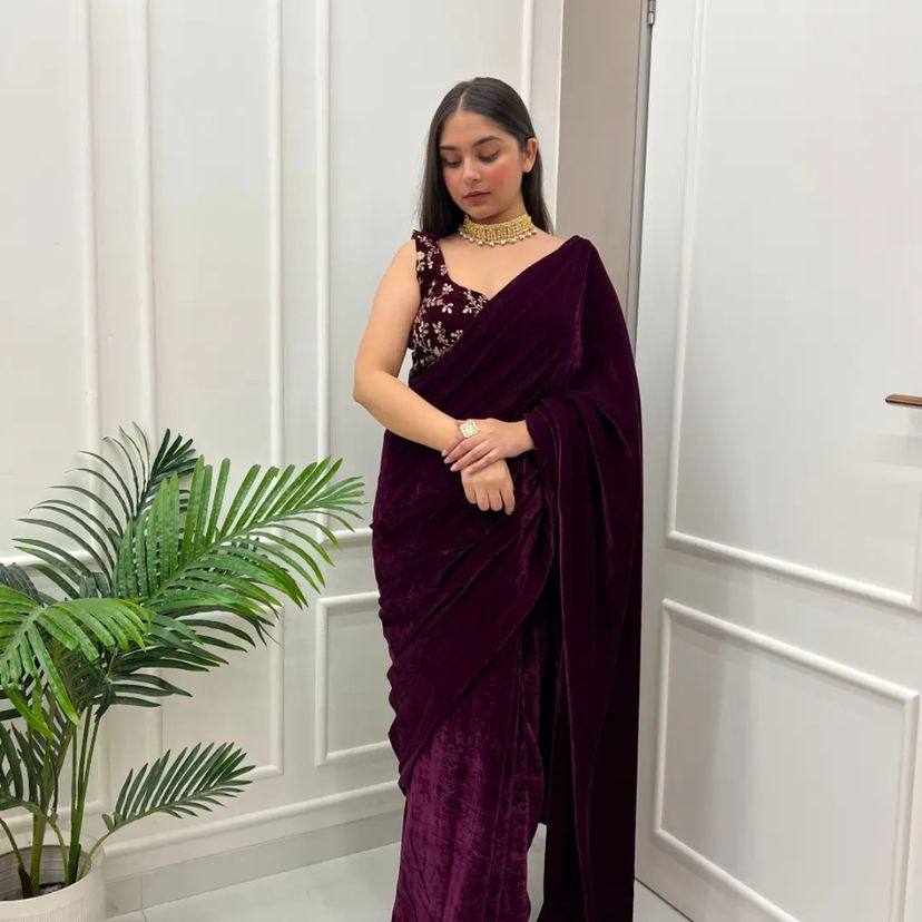 Awesome Pure Velvet Wine Color Saree