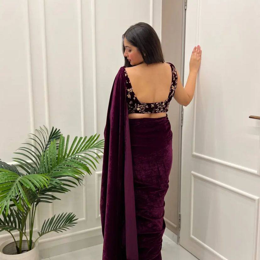 Awesome Pure Velvet Wine Color Saree