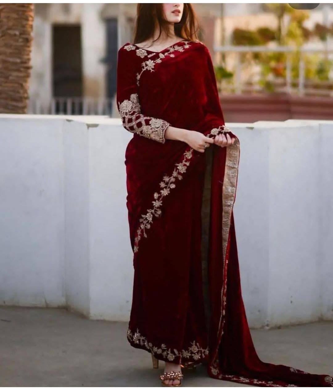 Charming Pure Velvet Red Color Saree