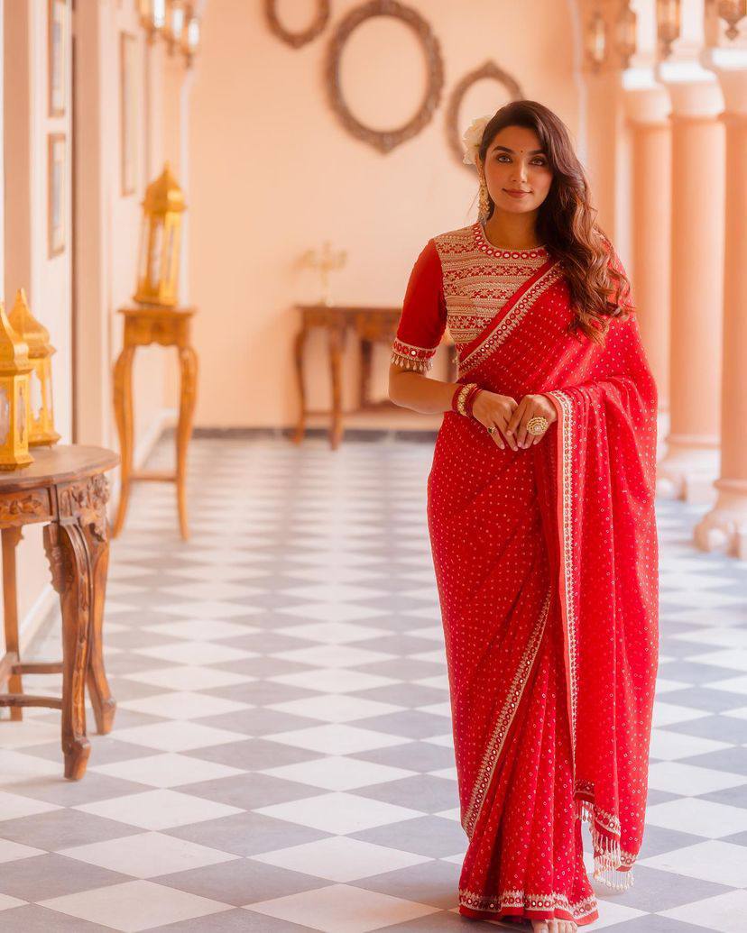 Elegant Georgette Red Color Saree