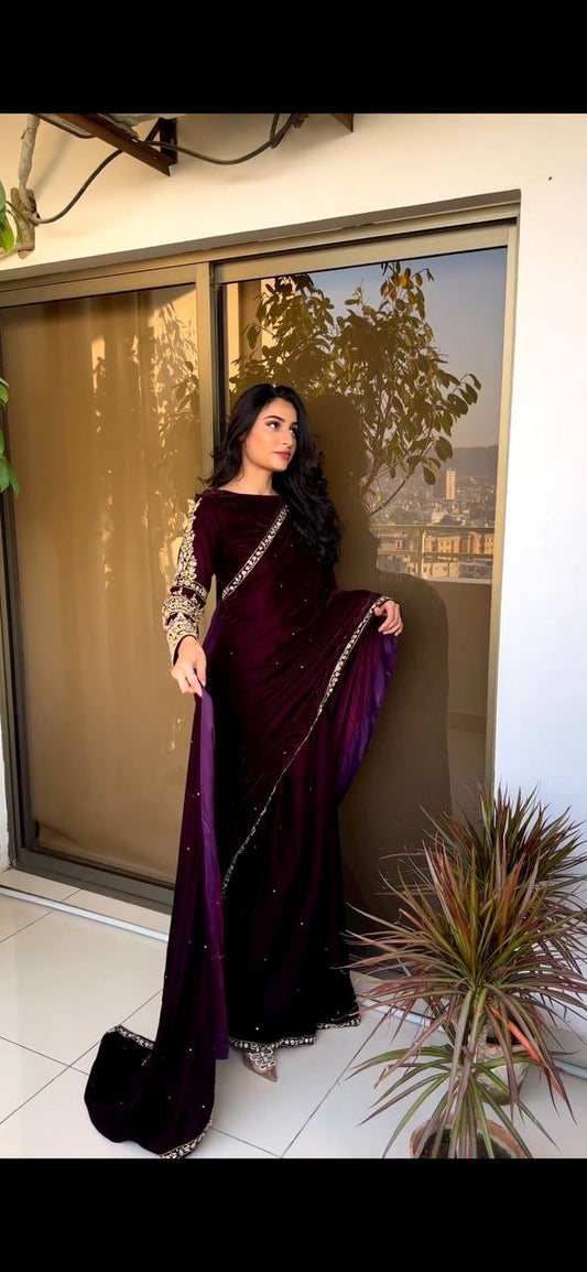 Elegant Pure Velvet Wine Color Saree