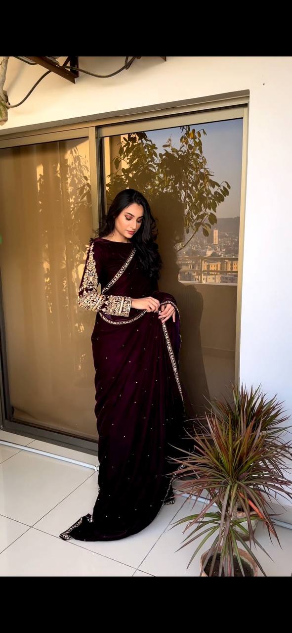 Elegant Pure Velvet Wine Color Saree