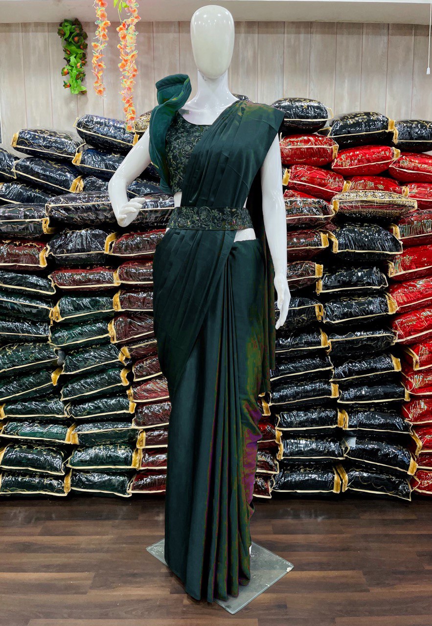 Stunning Satin Silk Green Color Saree