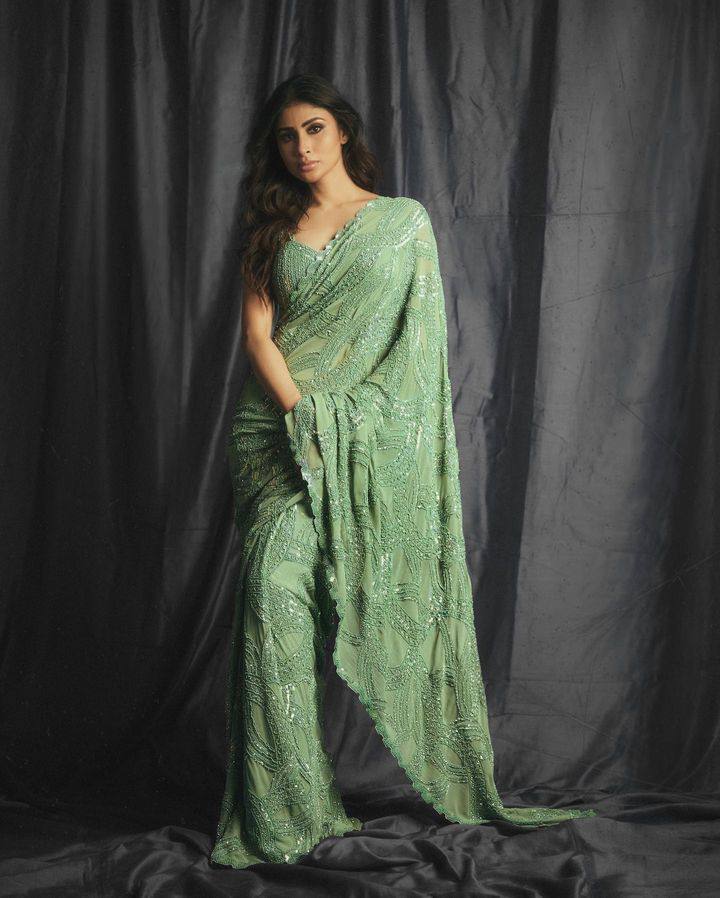 Mouni Roy Faux Georgotte Perrot Color Saree