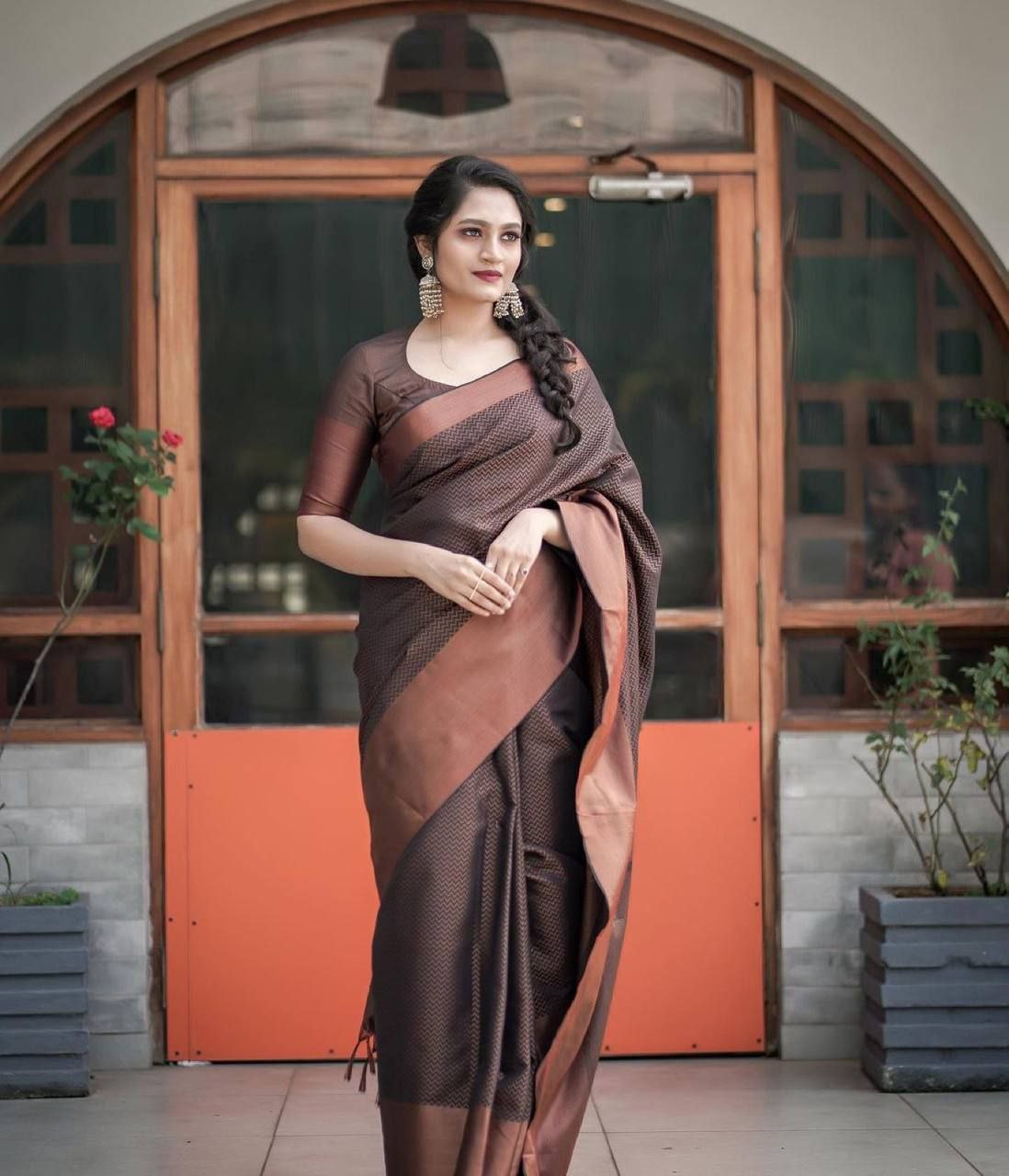 Elegant Lichi Silk Brown Color Saree