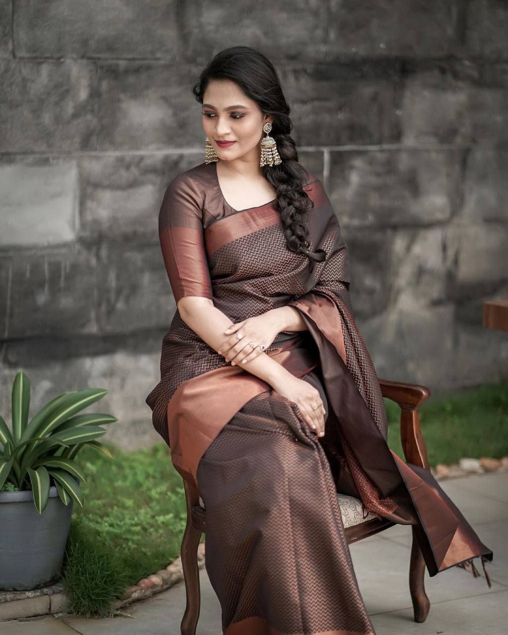 Elegant Lichi Silk Brown Color Saree