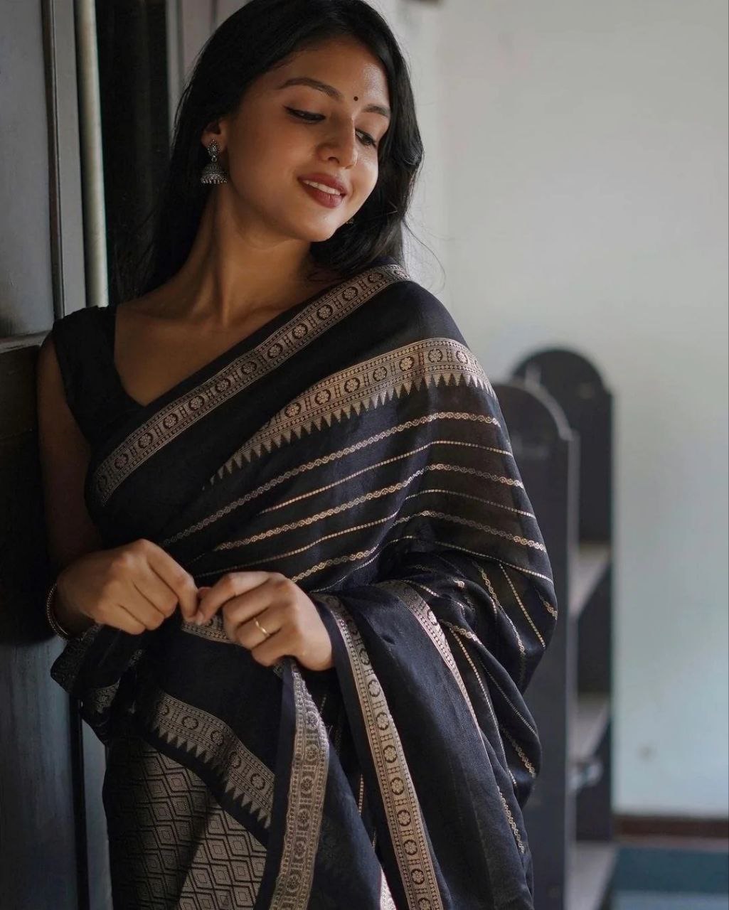 Opulent Jaquard Black Color Silk Saree