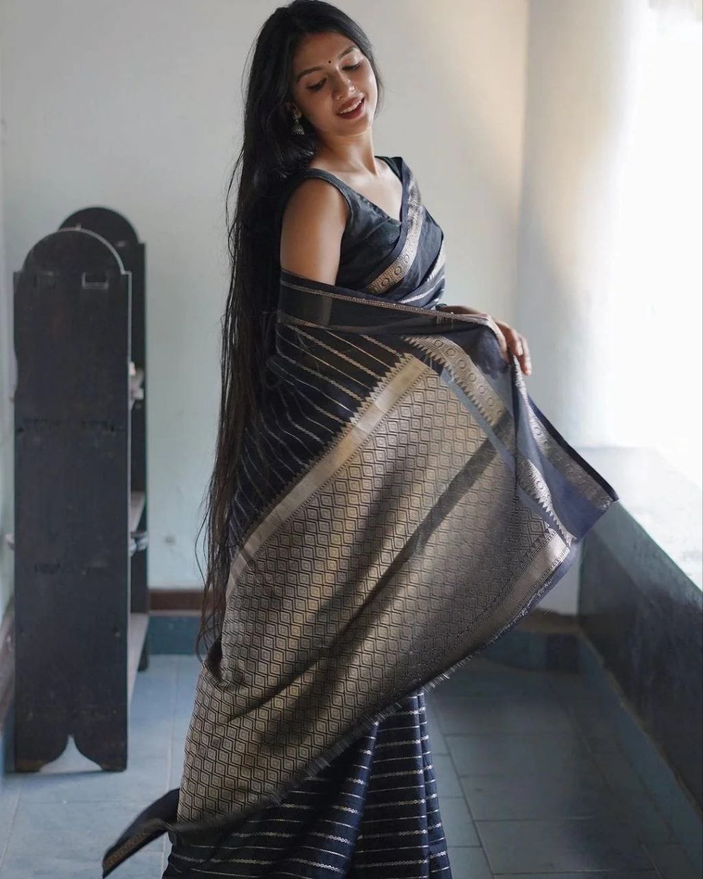 Opulent Jaquard Black Color Silk Saree