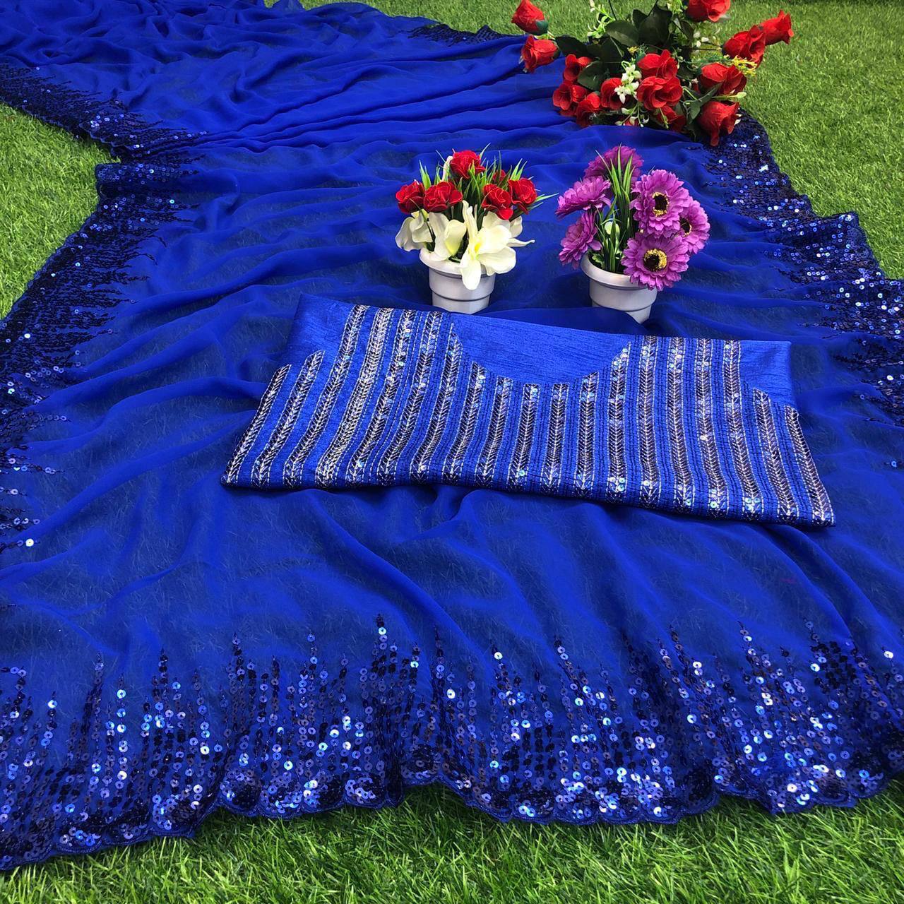 Glorious Soft Georgette Blue Color Saree