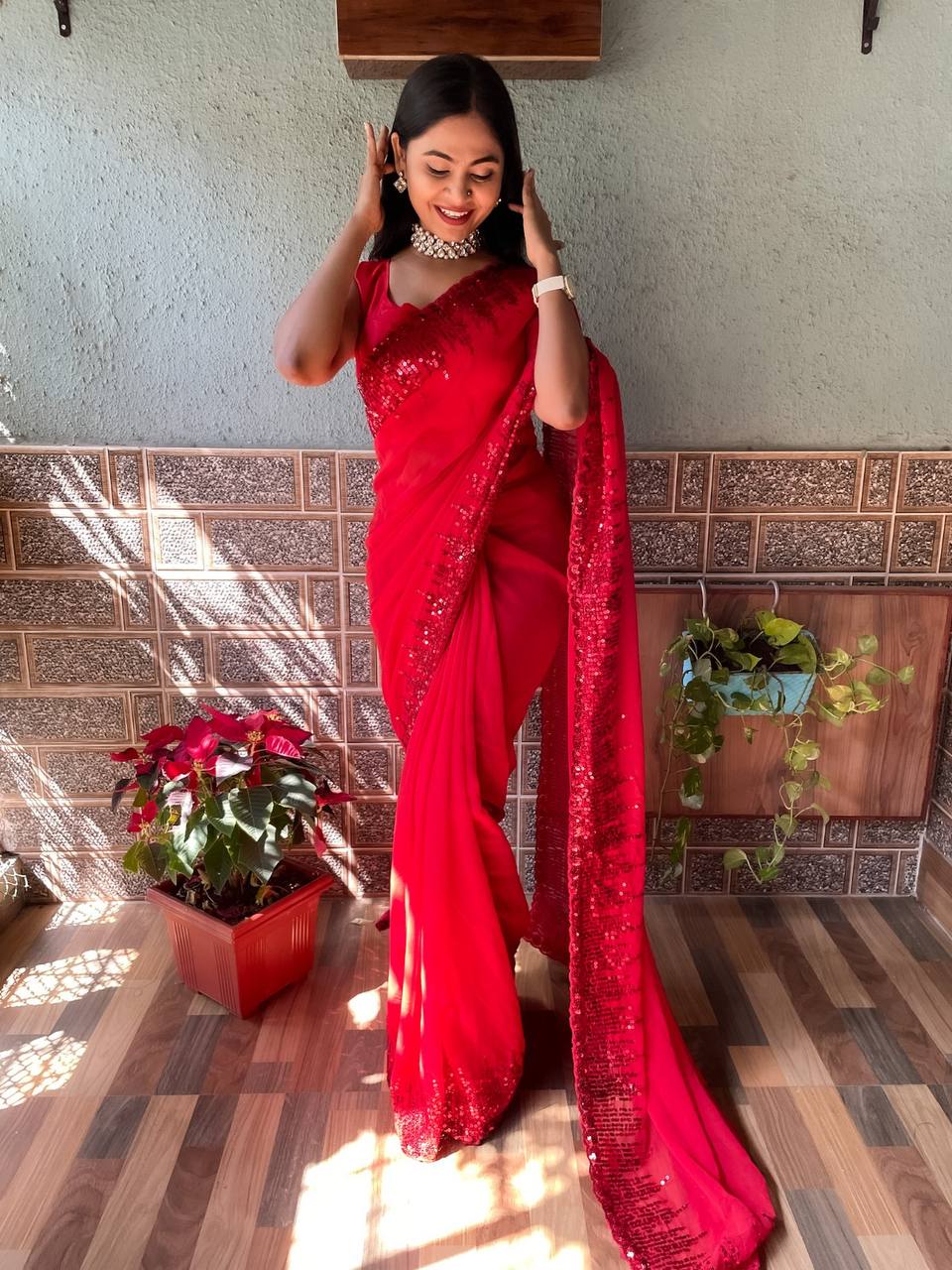 Glorious Soft Georgette Red Color Saree