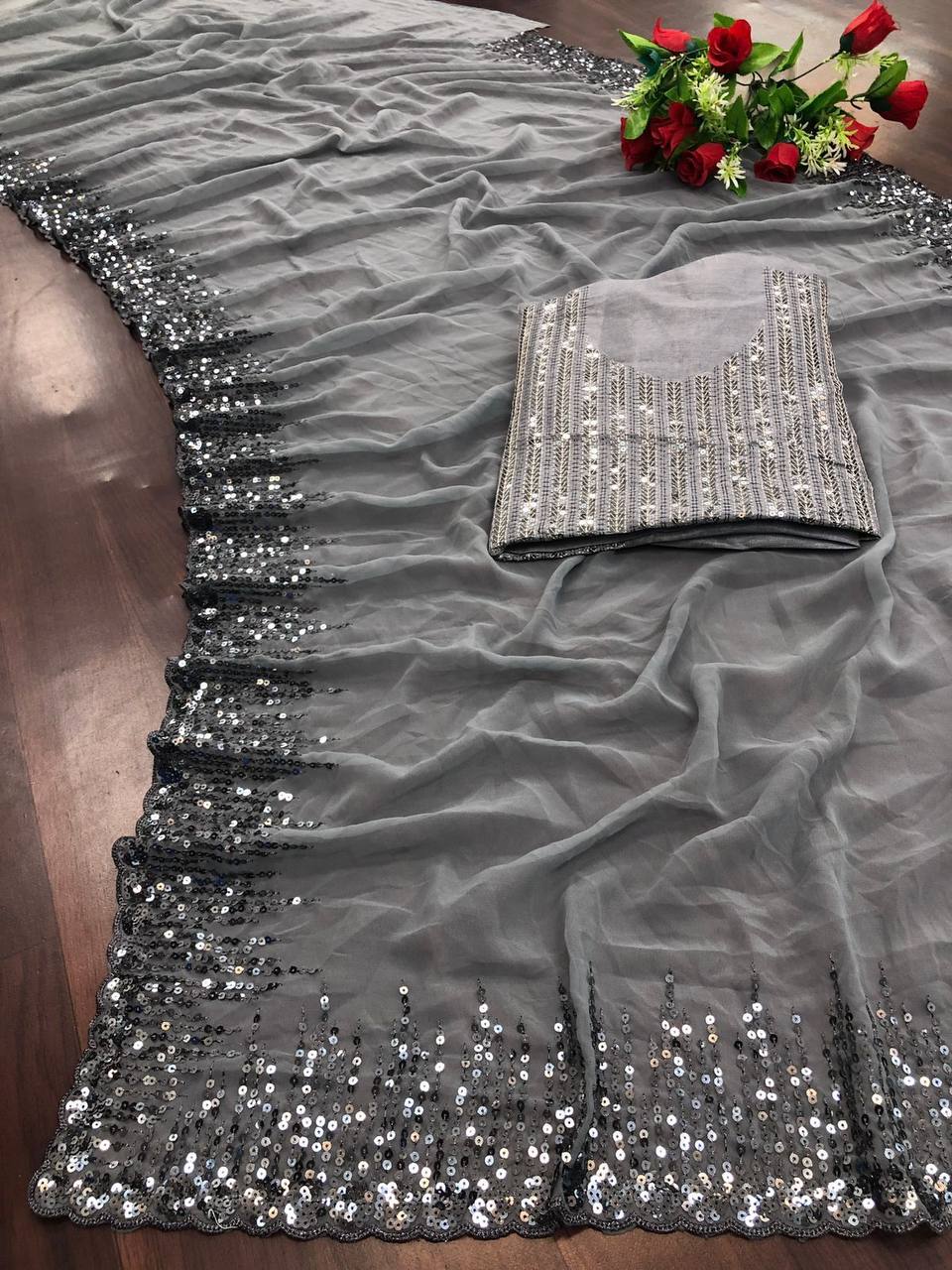 Glorious Soft Georgette Grey Color Saree